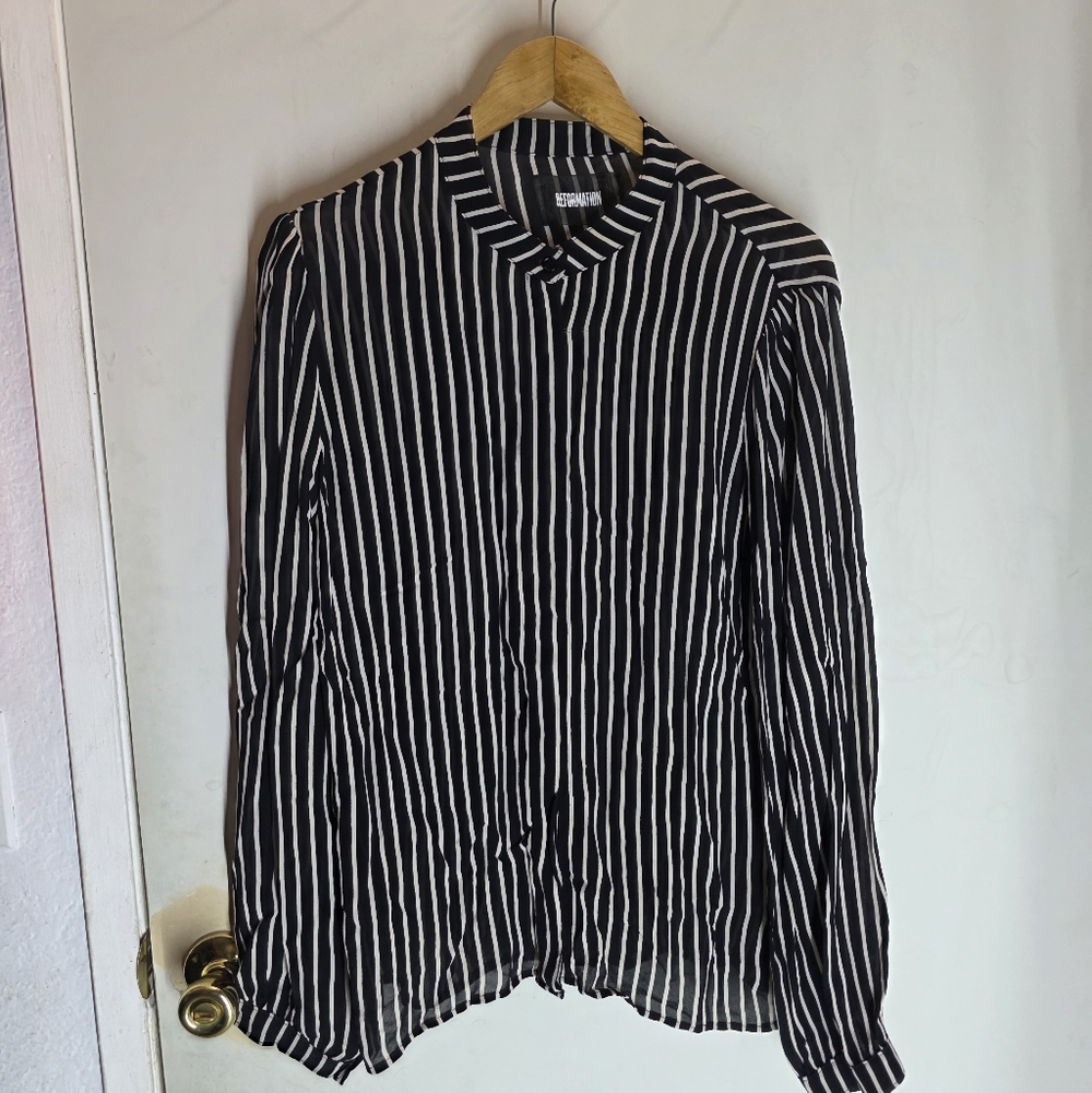 Reformation Eldridge  stripe tie neck Button Up blouse